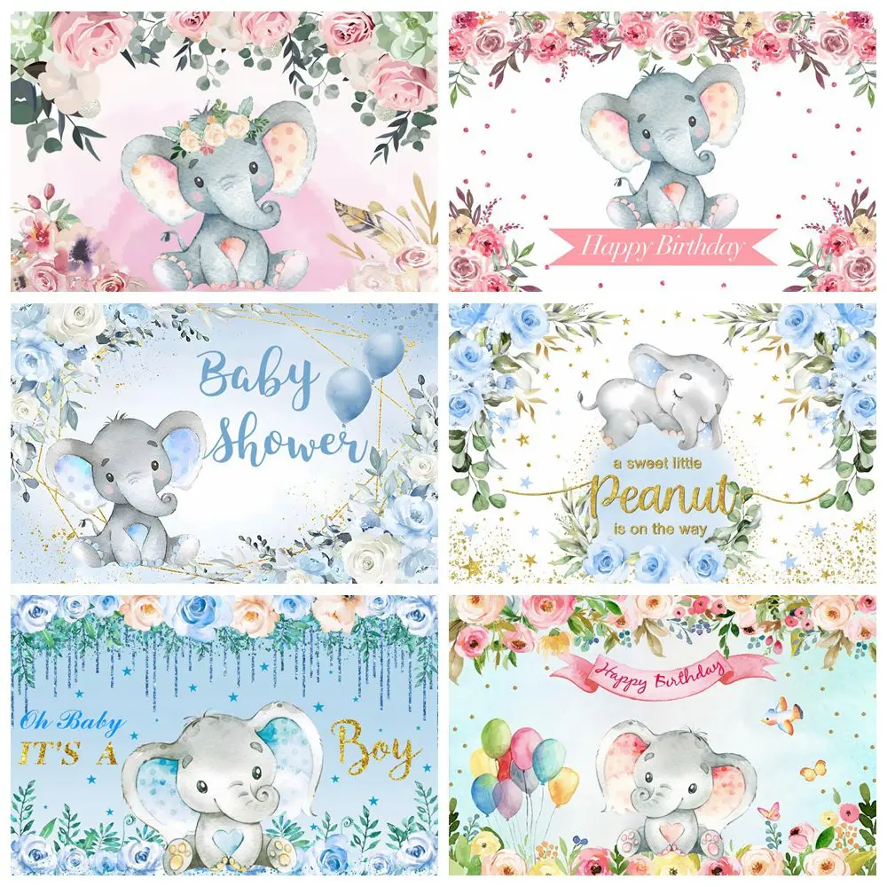 

Elephant Backdrop Flowers Plant Leaves Baby Shower Kids Birthday Party Customize Photography Background Decor Banner Photostudio