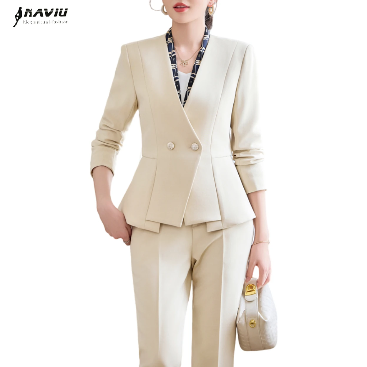 

NAVIU Женские костюмы контрастного цвета Офисные комплекты 2025 Новая мода Тонкий блейзер с длинным рукавом и v-образным вырезом Шикарный элегантный брючный костюм Рабочая одежда
