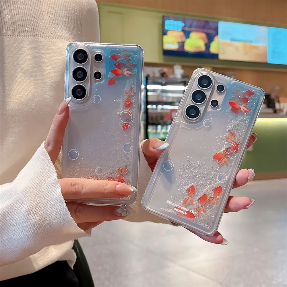 Cute Goldfish Icon Floating Glitter Liquid Bling Case Cover For Samsung S26 Ultra S25 Plus S24 Quicksand Shockproof Phone Coque