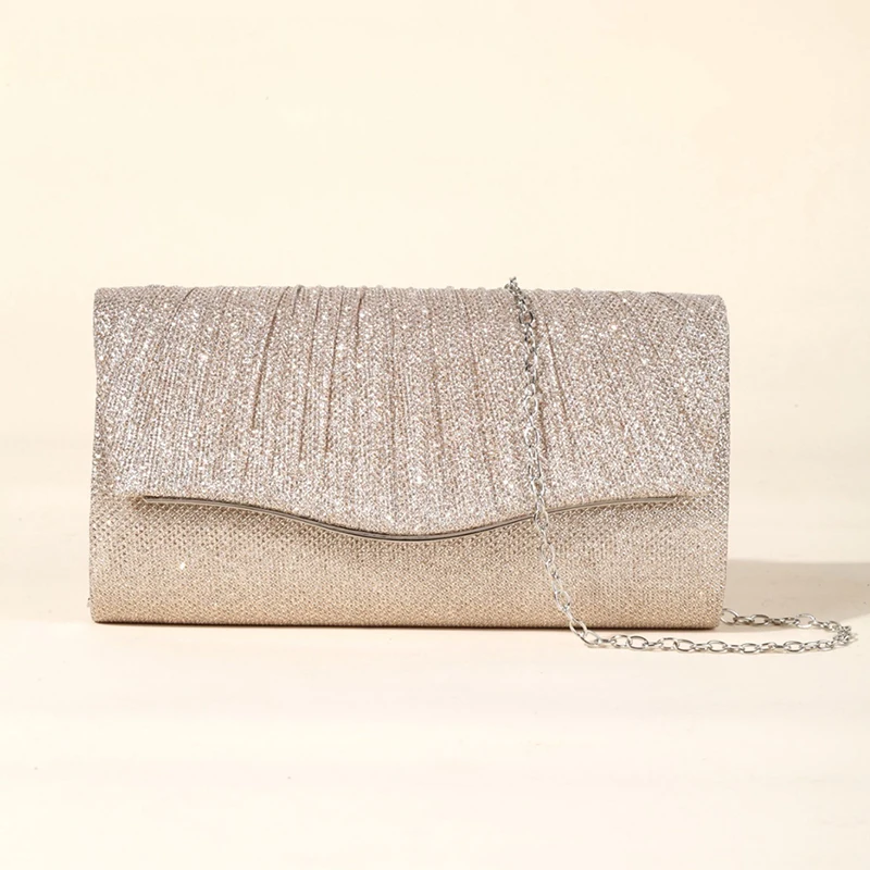 

Glitter Shiny Women Evening Bag Fashionable Pleated Ladies Long Chain Purses Wedding Dinner Party Small Clutch Handbag