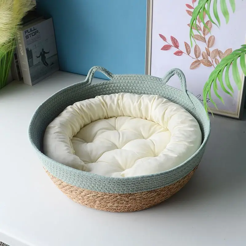 OUZEY Rattan Woven Pet Cat Bed With Cushion Soft Warm Comfortable Sleeping Basket For Cats Four Seasons Puppy Kitten Bed