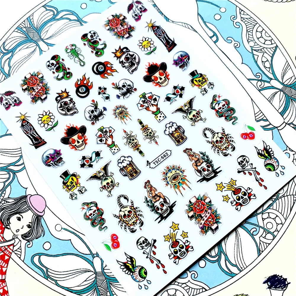 TSC-562 TSC-561  Skeleton Skull Poker Joker   DIY 3D Back glue Nail Art Stickers