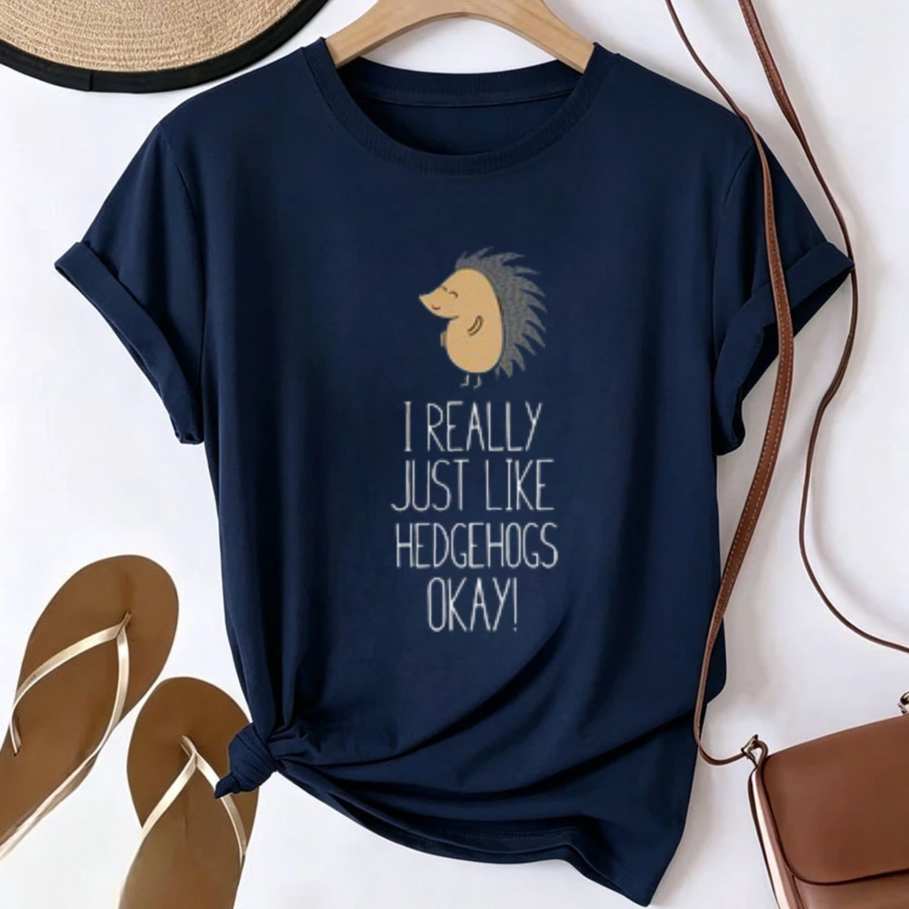 I Really Just Like Hedgehogs Okay Cute Hedgehog Graphic T-shirt Men Women Cartoon Animal Quote Print Short Sleeve Tee Casual Top
