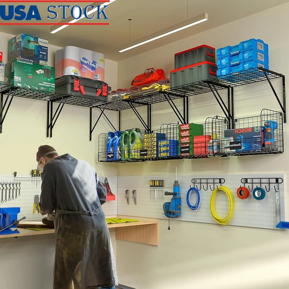 

Настенные гаражные полки из 2 упаковок с проволочными корзинами, крючками, сверхмощный органайзер для инструментов, решение для хранения, эффективный гараж