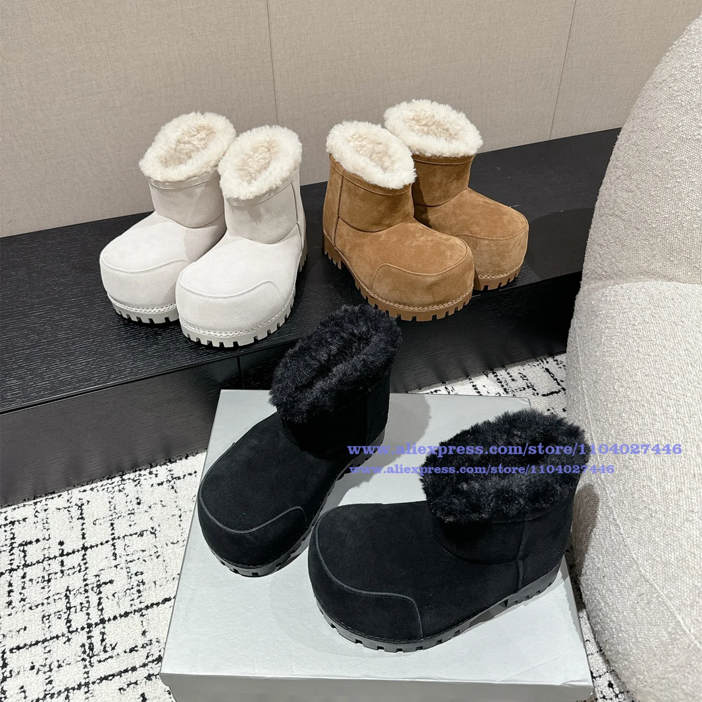 Big Round Toe Boots Cow Suede Boots Novel Designer Slip-On Winter Boots Fashion Show Newest Style Warm Snow Boots Men Women