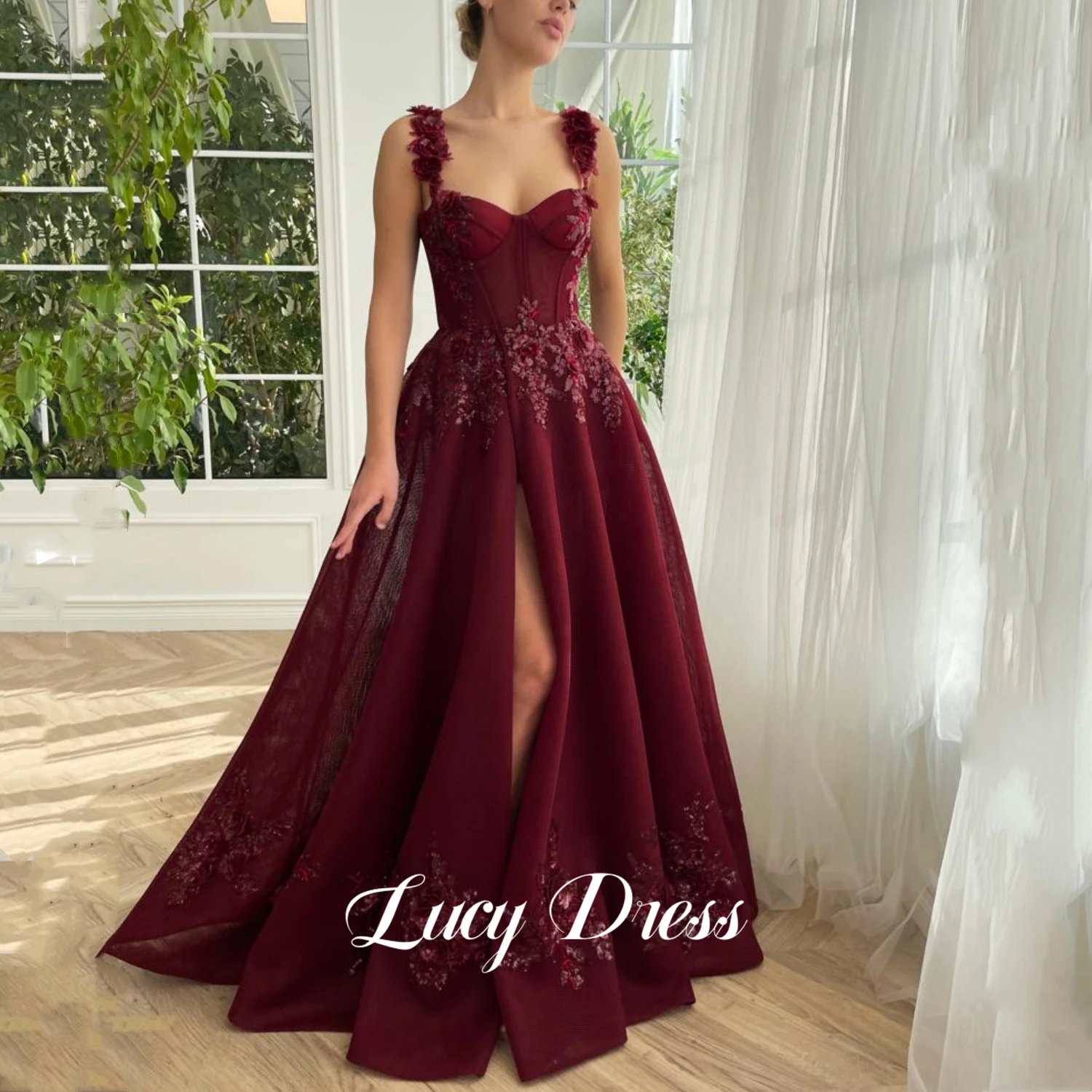 

Lucy High Slit Gala Dress Party Evening Elegant Luxury Celebrity Ball Gown Sharon Happy Dress 2024 Line A Claret Prom Dresses