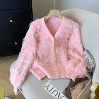 Korean Style Sweet Mohair Cardigan Women 2024 Sweater Jacket Fashion Autumn Winter Long Sleeve Knitted Tops Outerwear