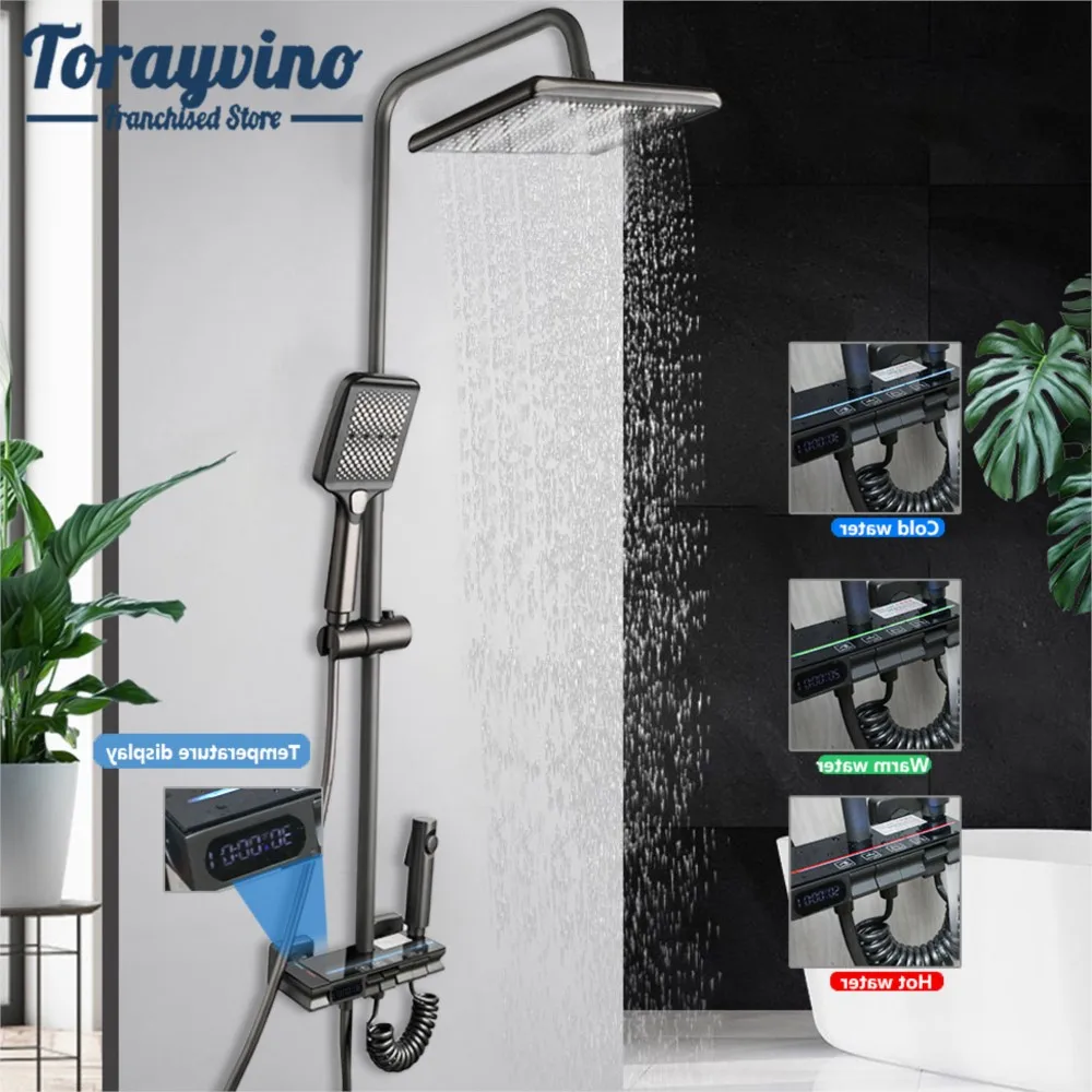 Torayvino Temperature Bathroom Rainfall Shower Set 4 Functions Digital Display Color Changes w/ det Hot Cold Mixer Faucet Tap