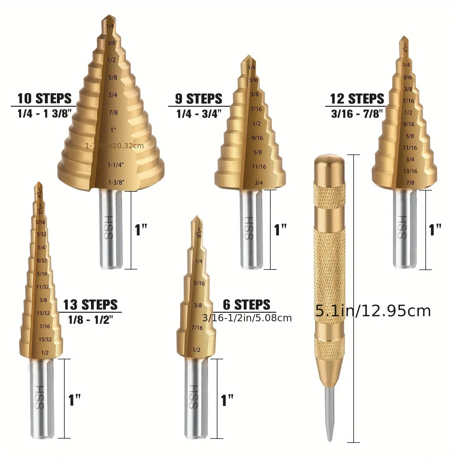 6PCS Titanium-Coated HSS Step Drill Bit, Automatic Center Punch,118° X-Shaped Split Tip,for Metal,Wood & Plastic W/Aluminum Case