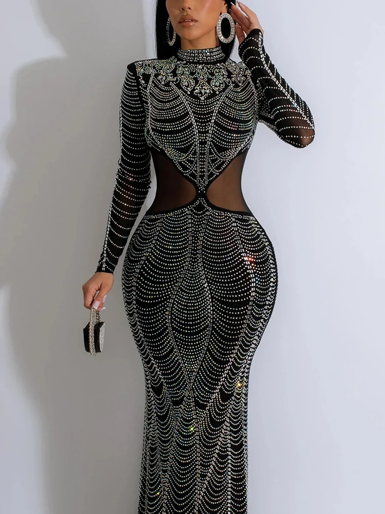 Mesh Hot Diamond Long Dresses Solid Color Long Sleeved Elegant and Beautiful Women\'s Dresses Black Round Neck Female Clothing