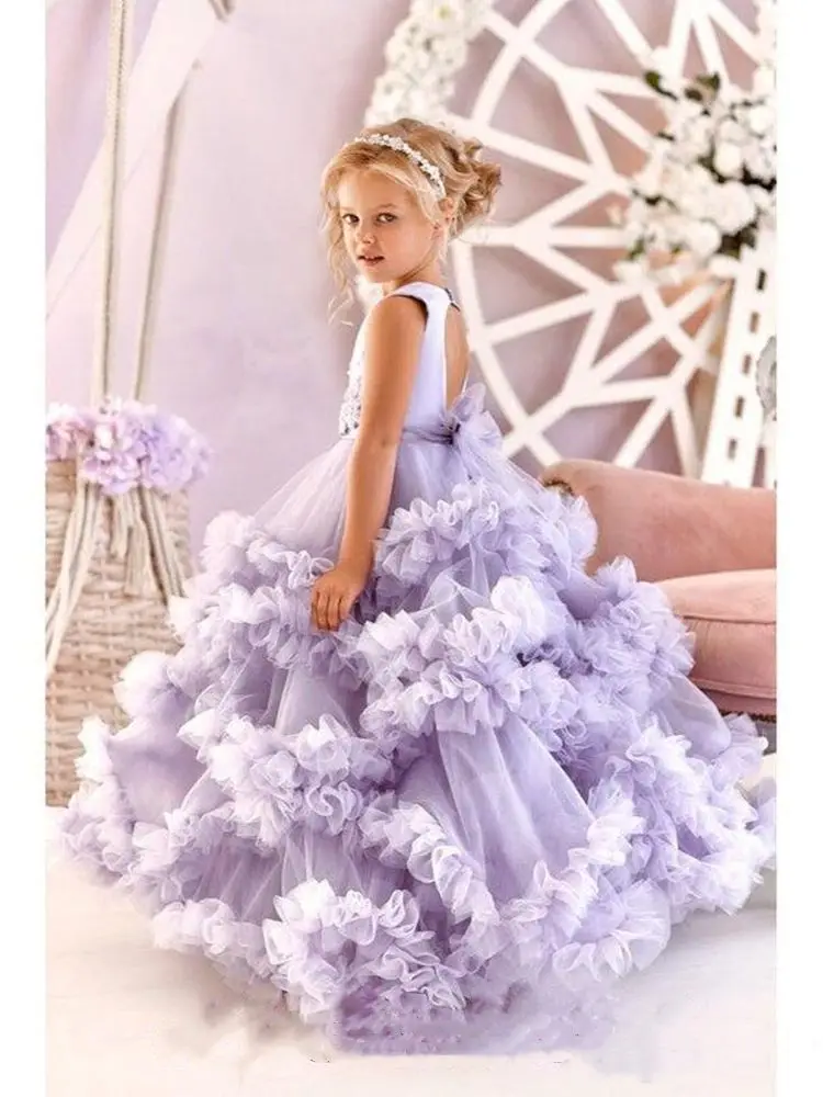 Vestidos de flores púrpuras hinchadas para niña, vestidos de princesa para boda, escalonados, Espalda descubierta, vestidos de desfile para niños pequeños, tul hasta el suelo, ropa de graduación para niños