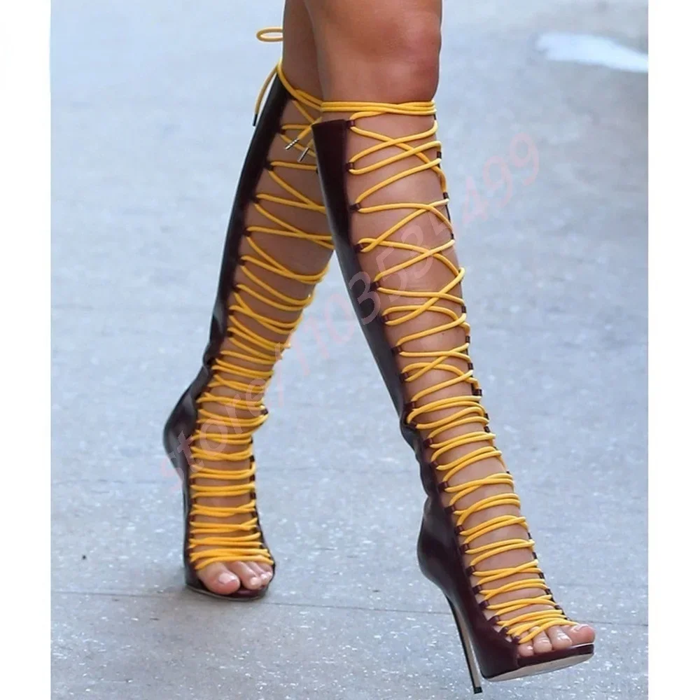 Sexy Catwalk Stiletto Strappy Women's Boots Summer New Open Hollow Ins Style Knee-High Boot Model Street Fashion Party Boot