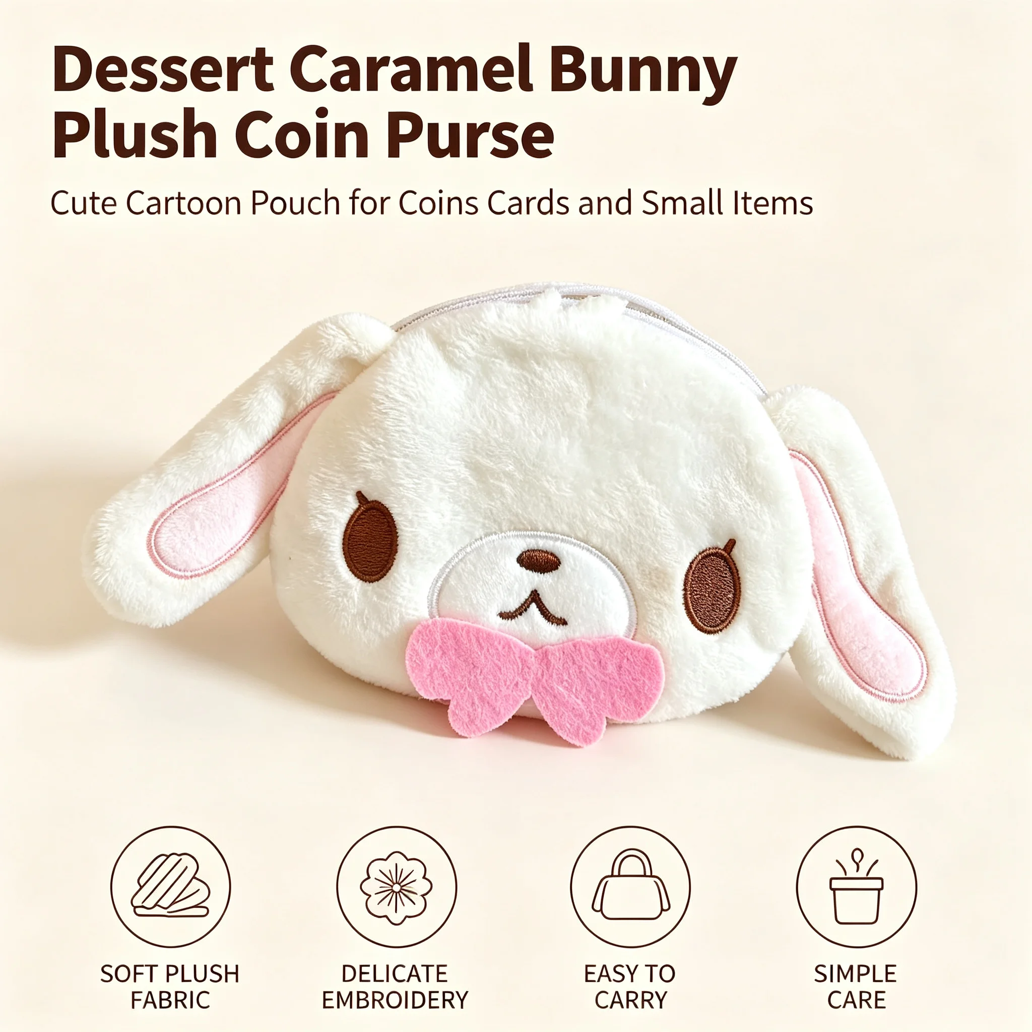 Cute Caramel Plush Mini Coin Purse Ins Cartoon Pocket Card Holder Soft Fluffy Zipper Storage Pouch Small Wall
