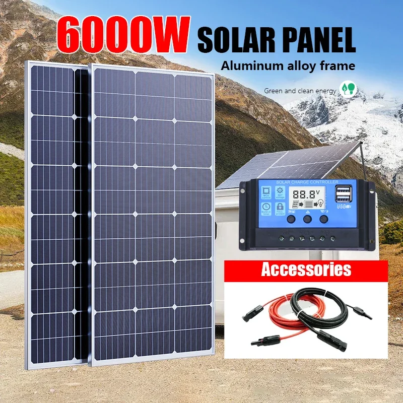 Solar Panel 6000W 3000W  18V 12V High Efficiency Rigid Waterproof Power Bank Glass Charging Outdoor Solar Cells For Home Camping