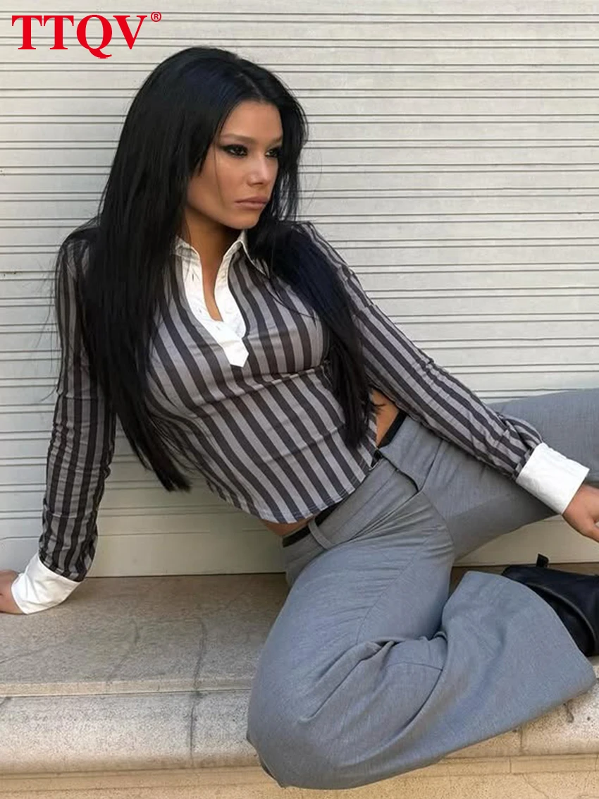 

Женская рубашка TTQV Fashion Slim с полосатым принтом, весна 2026, с отложным воротником, длинным рукавом, элегантная классическая блузка в стиле пэчворк, женская одежда