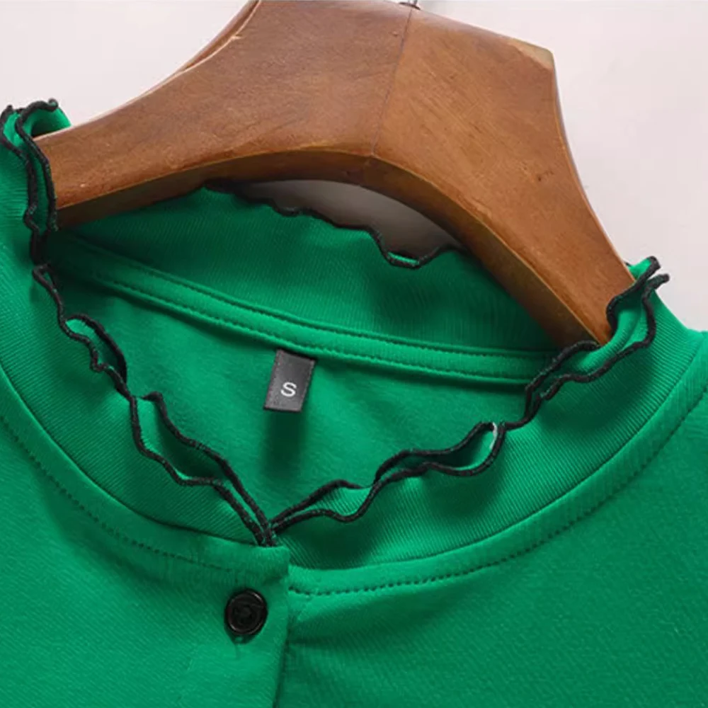 여성용 봄, 가을 새로운 스타일 플러스 사이즈 패셔너블 캐주얼 탑을 위한 한국어 버전 녹색 순면 긴팔 티셔츠