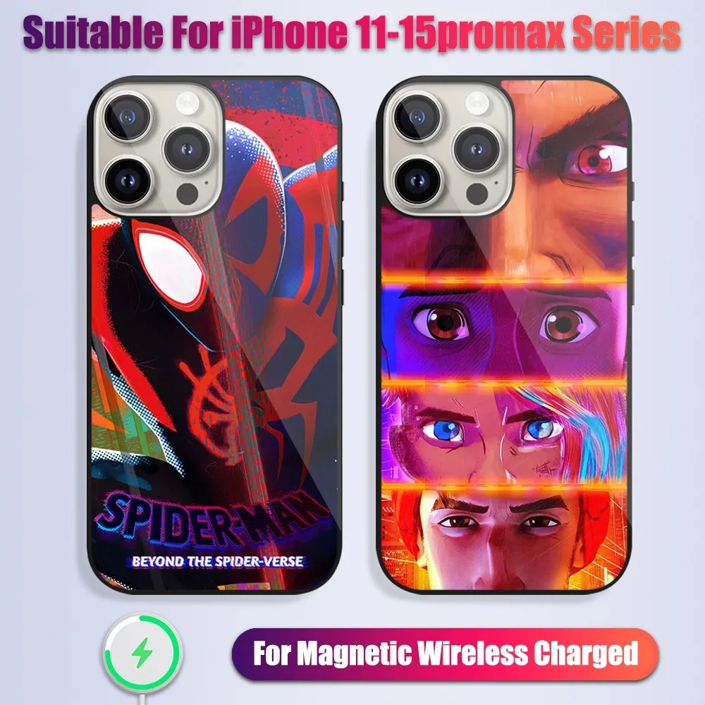 

MINISO S-Spider-Man Verse Beyond Phone Case For iPhone 13 14 15 11 12 Pro Max Plus Glass Charging Magsafe Magnetic Cover