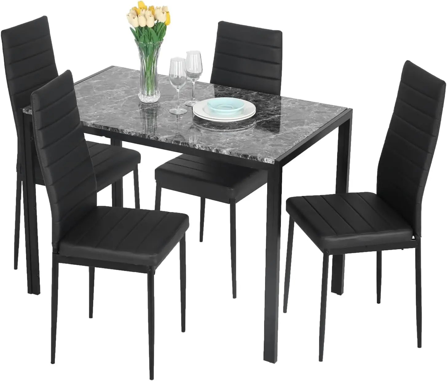 

Modern 4-Person Dining Set with Chairs, Black Marble Table for Small Spaces