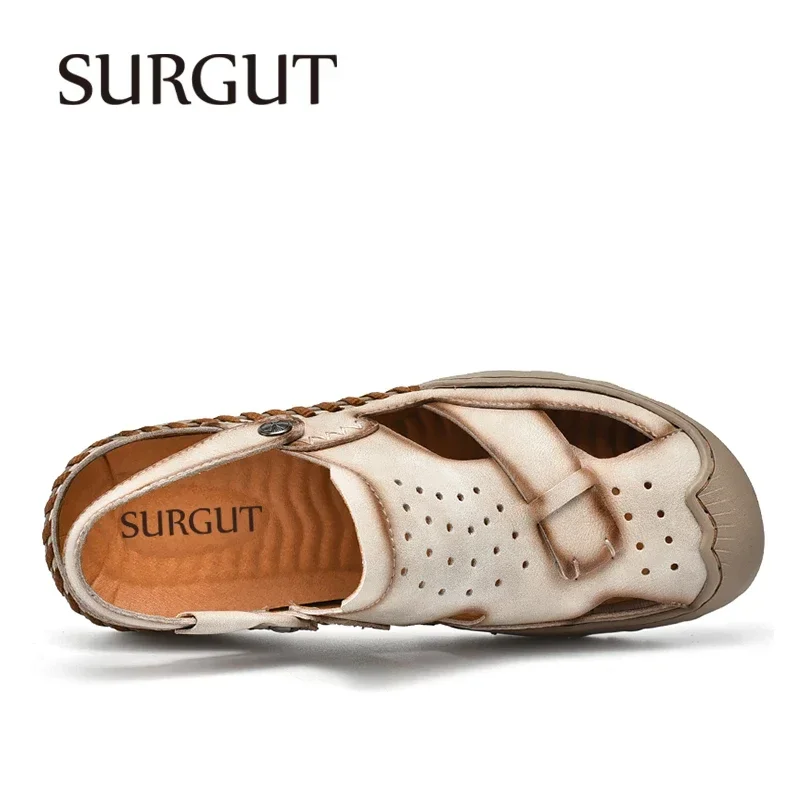 SURGUT Cow Leather Men's Sandals New Summer Purely Handmade Breathable Retro Fashion Anti-Collision Versatile Male Sandals