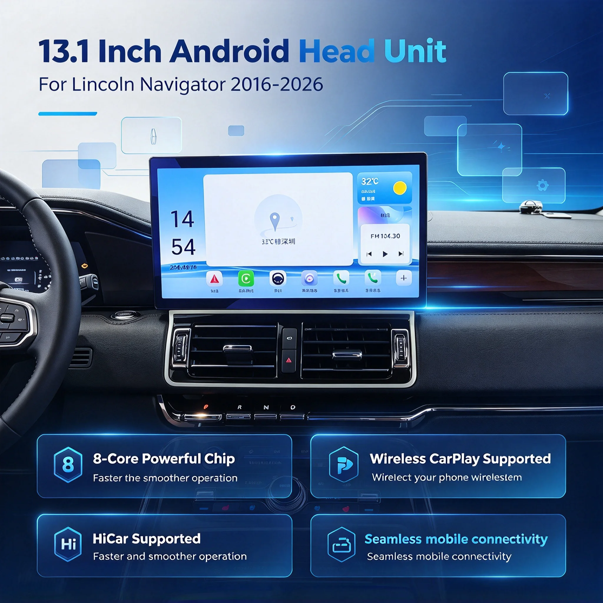 Android Car Stereo For Lincoln Navigator 2016~2026 Wireless CarPlay Android Auto GPS Navigation BT WiFi Multimedia Player Unit