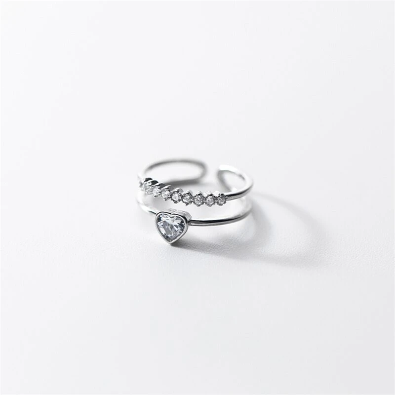 

Sole Memory Shiny Zircon Heart Sweet Cute 925 Sterling Silver Resizable Opening Ring For Women Luxury Jewelry RI1048