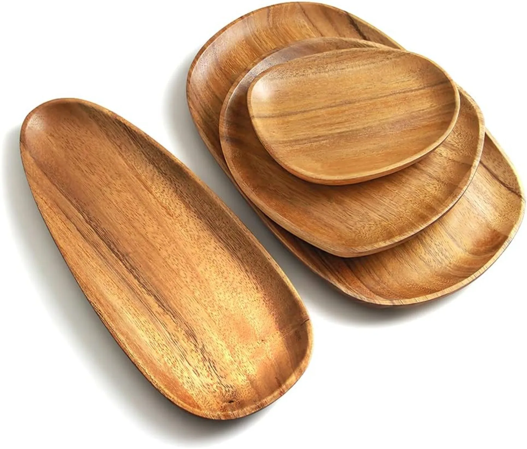 Set of 4 Acacia Wood Serving Trays,Irregular Oval Wooden Platters in 4 Sizes for Charcuterie, Appetizers,Snacks,Breakfast Coffee