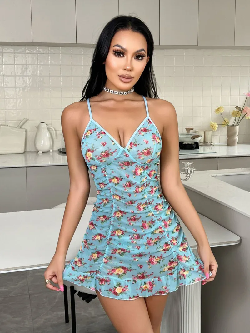 

Сексуальная ночная рубашка с v-образным вырезом и принтом, кружевное облегающее платье с цветочным принтом на бретельках, сетчатое прозрачное платье с открытой спиной и глубоким V-образным вырезом на подтяжках, платье без рукавов 6ARJ