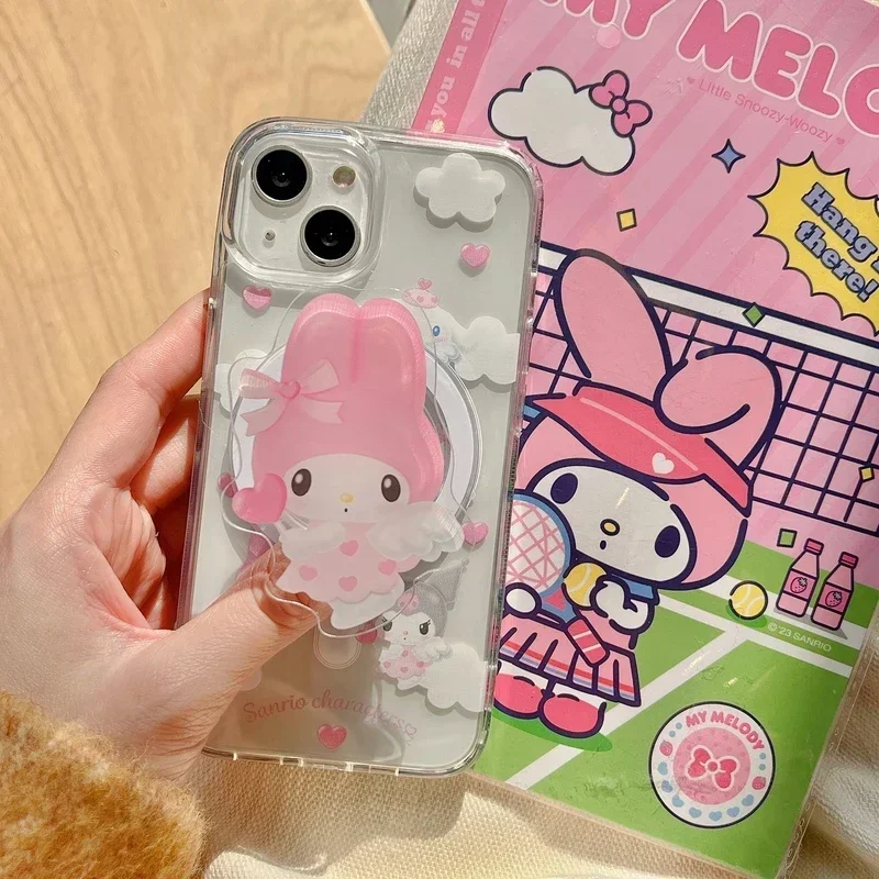 Sanrio Hello Kitty Melody Kuromi Magnetic Bracket Magsafe Wireless Charge Phone Case For iPhone 16 15 14 13 12 11 Pro Max Cover