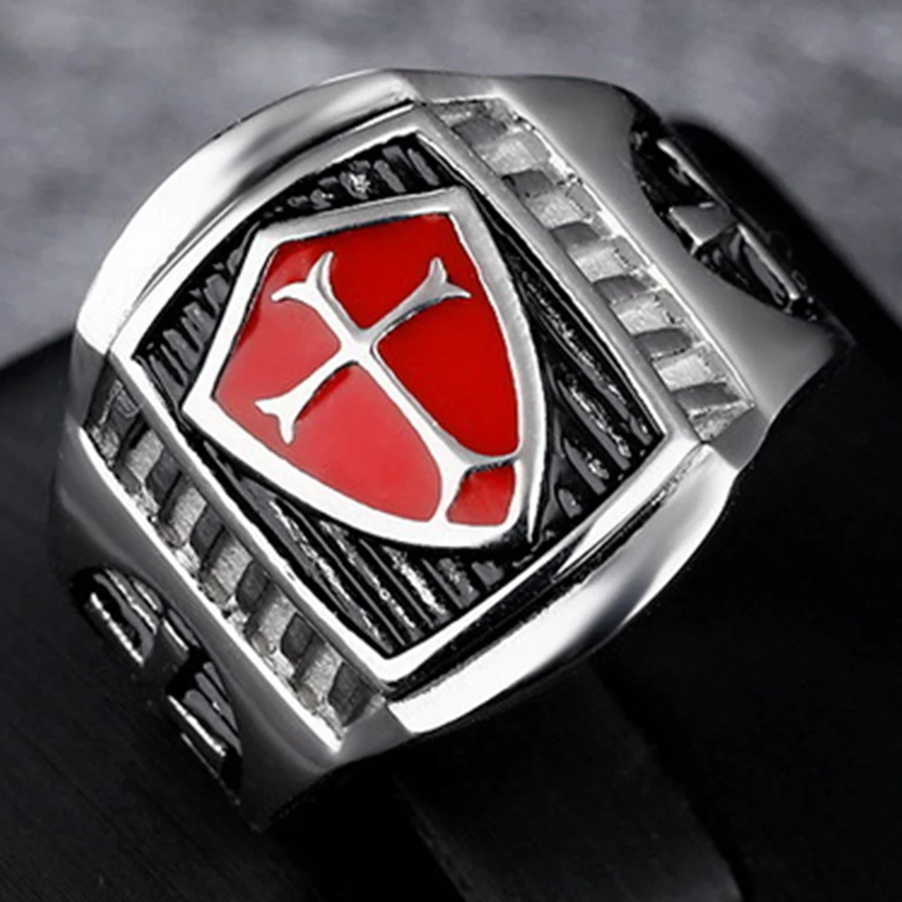 Massive Men\'s Templar Finger-ring With Cross Shield Symbols Signet Army Rings For Men Stainless Steel Battlefield Origins