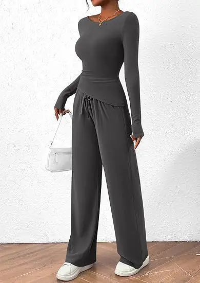 Autumn Solid Color Women\'s Casual Suit Two-piece Fashion Asymmetric Long-sleeved Slim T-shirt Lace-up Wide-leg Pants Sports Suit