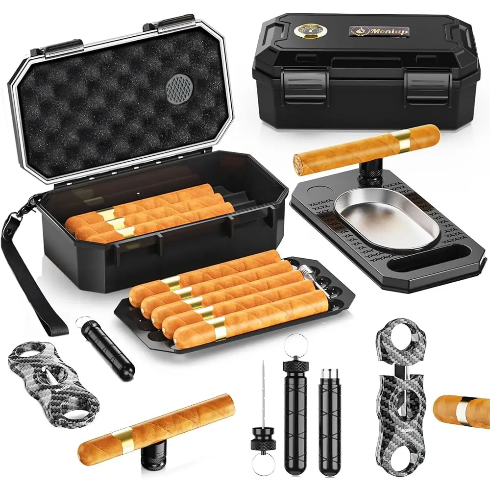 

Free ShippingTravel Humidor Box Kit with Cigar Accessories - Cutter, Ashtray, Enhancer, 2 Holders, Humidifier & Hygrometer, Port