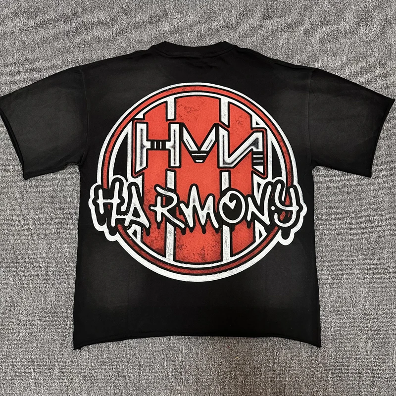 HARMONY T-Shirt Skeleton Boxing Print Washed Oversized Vintage Rhinestone Short Sleeve Tee Streetwear Casual Tee Stock