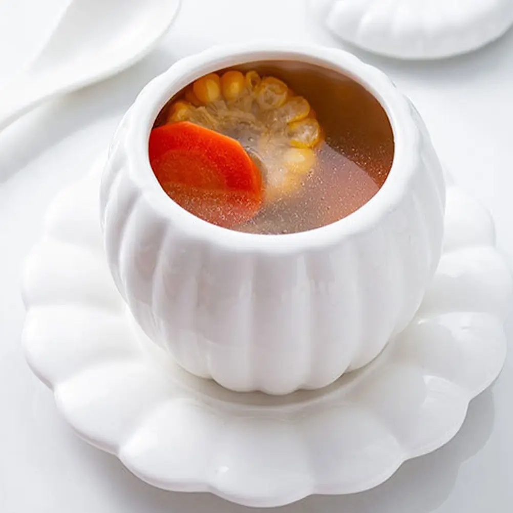 1 Ensemble de bols à ragoût en céramique en forme de citrouille avec couvercle, pour œufs à la vapeur, riz, soupes et desserts, compatibles four et micro-ondes, en porcelaine décorative pour aliments