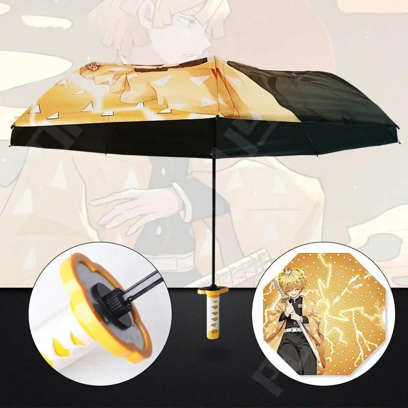 Demon Slayer Katana Umbrella Three-folding Anime Rain Parasol Kimetsu No Yaiba Rengoku Kyoujurou Japanese Samurai Sword Umbrella