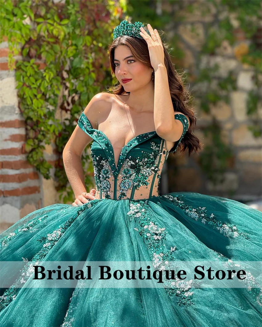 Emerald Green Flowers Appliques Quinceanera Dress 2024 Beads Crystals Court Train Ball Gown Pageant Sweet 15 Party Vestidos