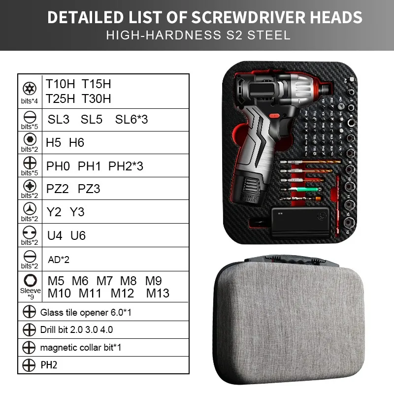 16V ブラシレスコードレスインパクトドライバー 144Nm トルク充電式電気ドリルセット S2 スチールビットツールケース付き DIY 修理