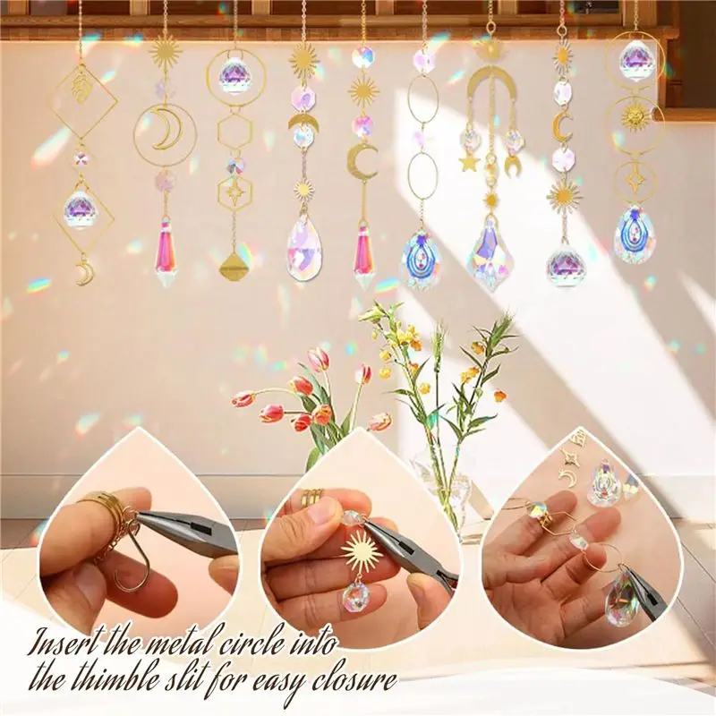 AT29-1000 Pcs Crystal Suncatcher,Sun Catchers With Crystals,Craft Kits For Adults, With Rainbow Maker, Prism, Pendants Gold