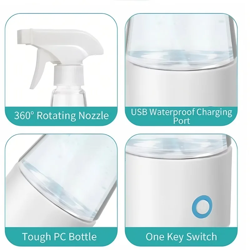 Electrolytic Sodium Hypochlorite Generator Spray Bottle 250ml Rechargeable Continuous Ultra Fine Mist Sprayer Refillable Mister for Home Salon Barber Cleaning Gardening Pet Travel