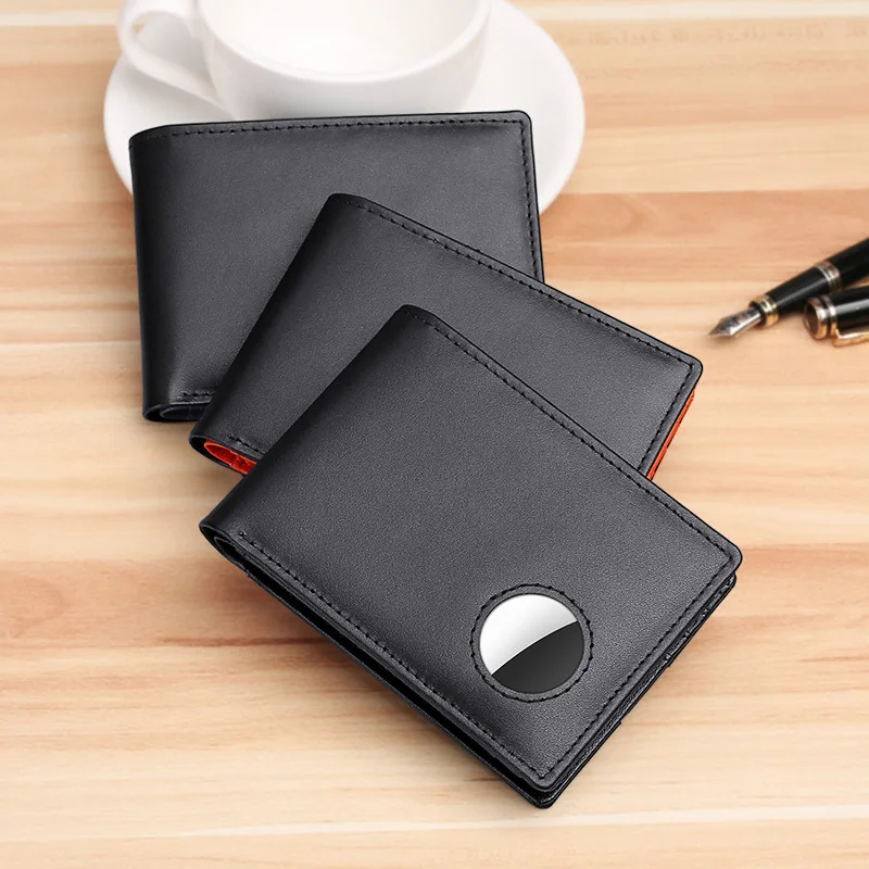 For Airtags Business Genuine Cow Leather Men Thin Wallet RFID Blocking Credit Bank Card Holder with ID Window Male Purse Black