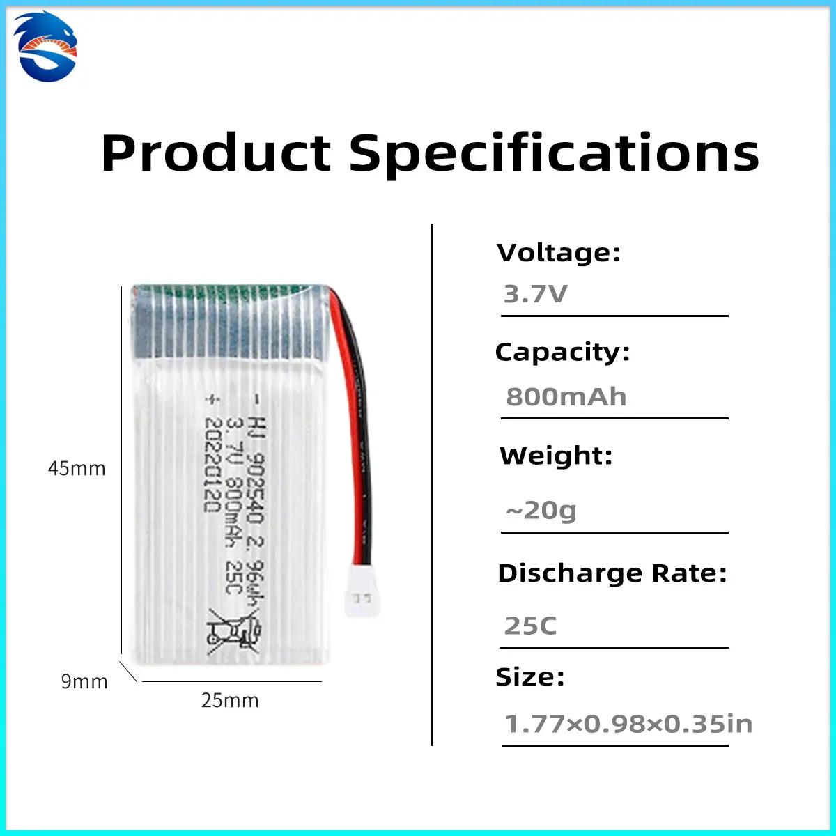 Skymaker 902540 1S LiPo Battery 3.7V 800mAh 25C High-Rate Replacement for X5C X5SW RC Drone Quadcopter Model Aircraft