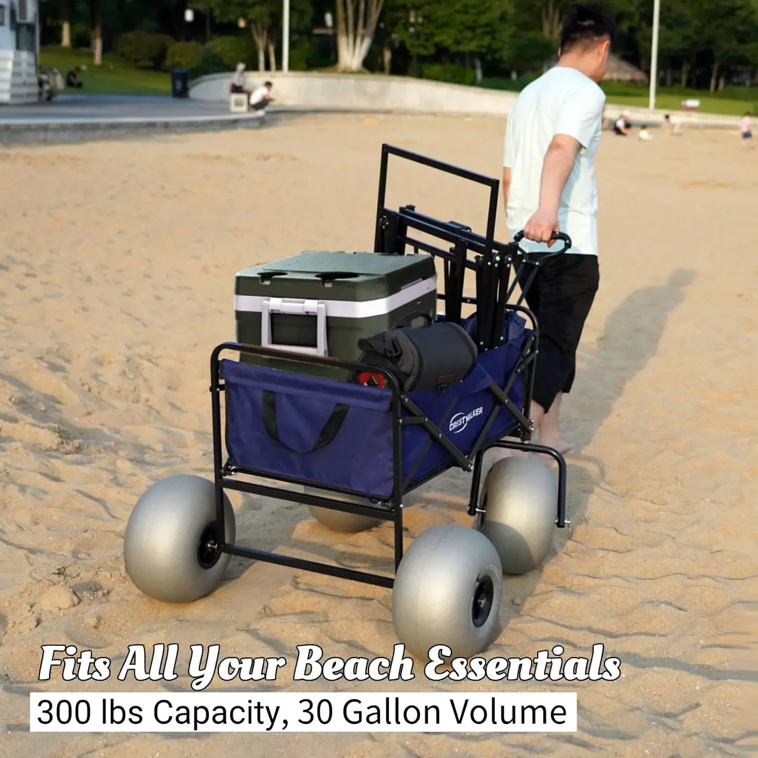 Beach Wagon with 13'' Balloon Wheels, Heavy Duty All-Terrain Collapsible Cart with Big Wheels for Sand, Pump Included