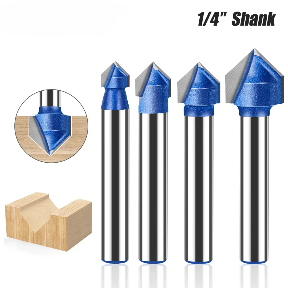 6mm 1/4in Shank 90 Degree V Type Slotting Cutter Router Bit CNC Solid Carbide Woodworking Milling Cutter Carving Grooving Tools