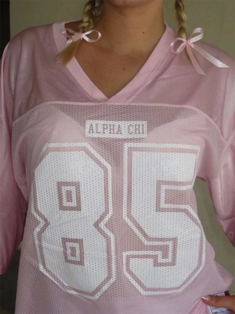 Pink sweatshirt female Y2K vintage V-collar sports T-shirt oversized American street clothing hip-hop female printed thin hoodie