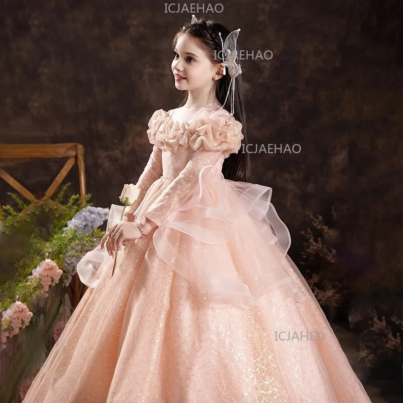 Robe de Cérémonie Fille 2026 – Robe Longue à Fleurs et Manches Longues pour Enfants, Idéale pour Hôt