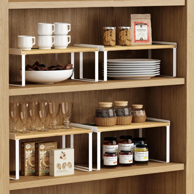 Kitchen Cabinet Organizer Shelf Set of 4, Large Stackable Pantry Cupboard Countertop Storage