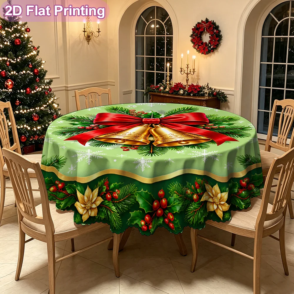 1 round tablecloth for Christmas bell garland decoration with embossed edge - soft table cover, garland pattern