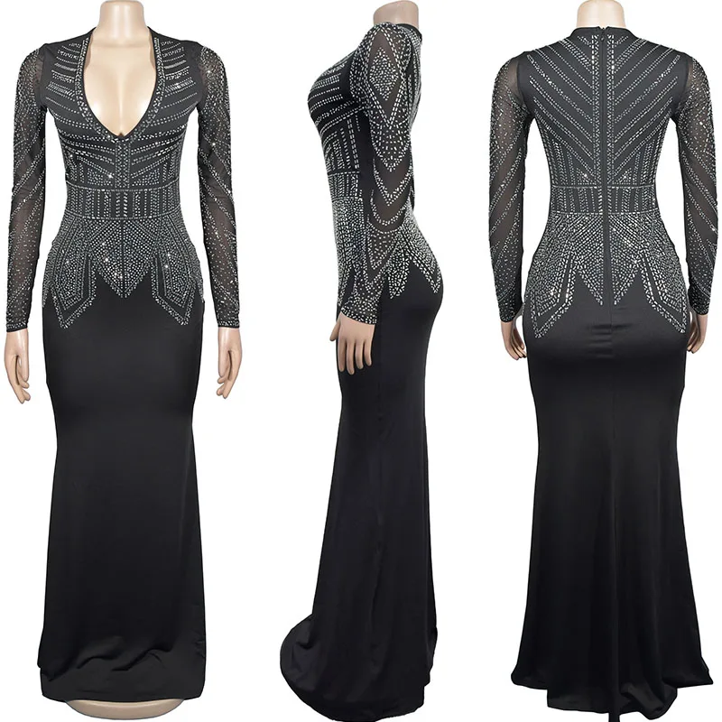 ชุดราตรีประดับเพชรระยิบระยับ Doyerl สำหรับงานวันเกิด ผู้หญิง ชุดราตรีออกงาน แขนยาว คอวี ชุดออกงานกลางคืน ชุดไปงานพรอม