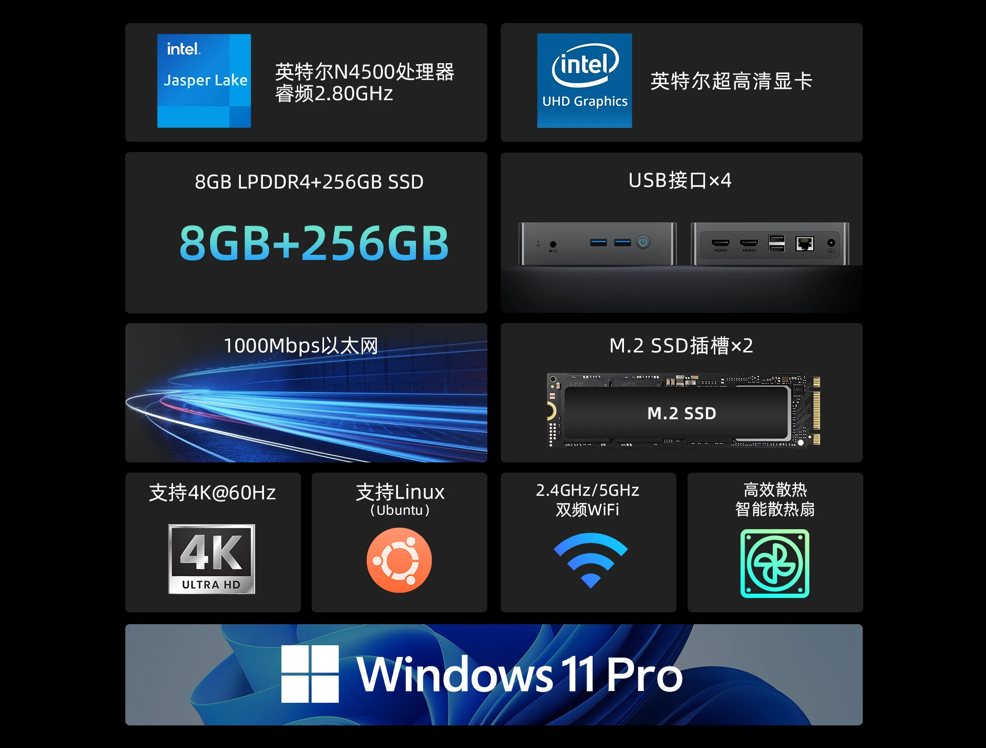Bmax Mini PC B3 Pro Windows 11 8GB RAM 256GB SSD HDMI USB Dual Band WiFi Bluetooth DC 1000Mbps Ethernet Mini PC