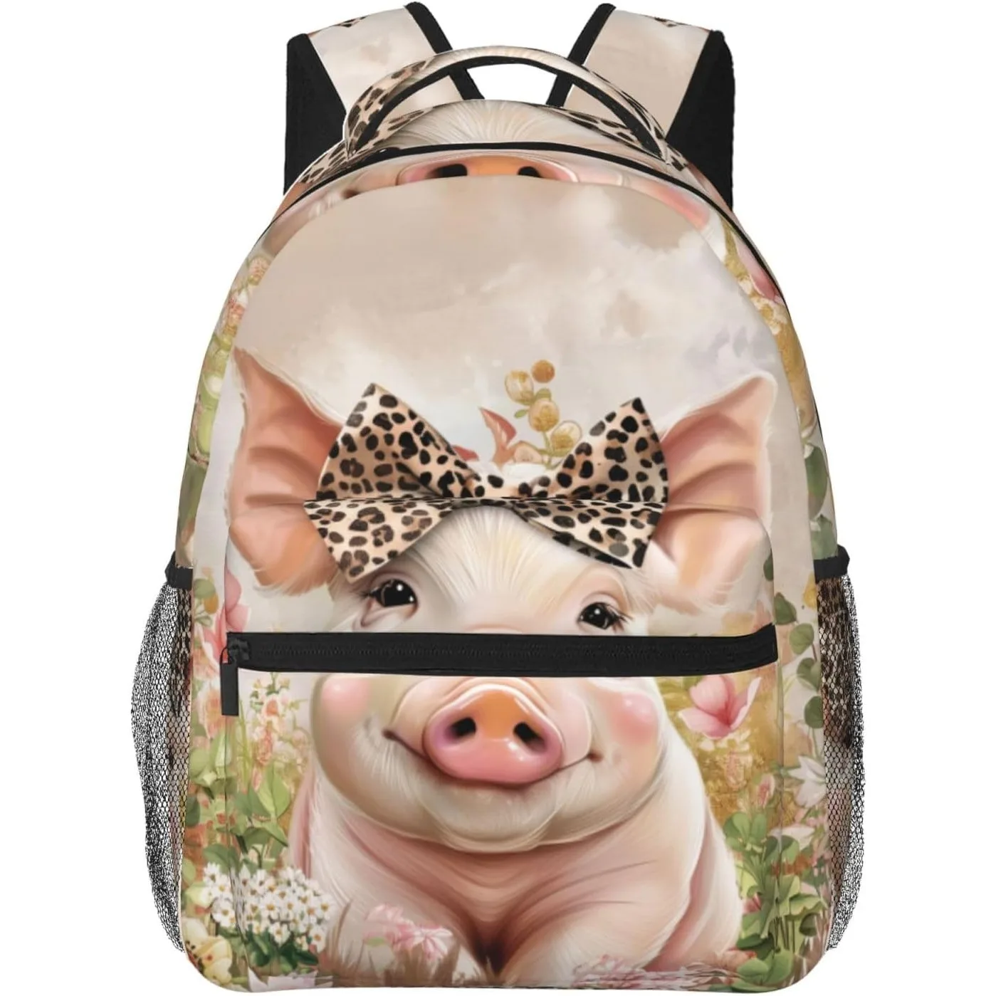 

Pig with Leopard Bow Backpack for Travel Work School Sports Gifts Durable Polyester Lightweight Camping Hiking Cute Farm Animal
