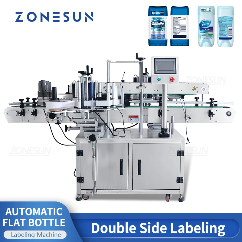 ZONESUN ZS-TB301 Automatic Double Sides Labeling Machine Shampoo Detergent 3 Stickers Flat Square Bottle Packing Production Line